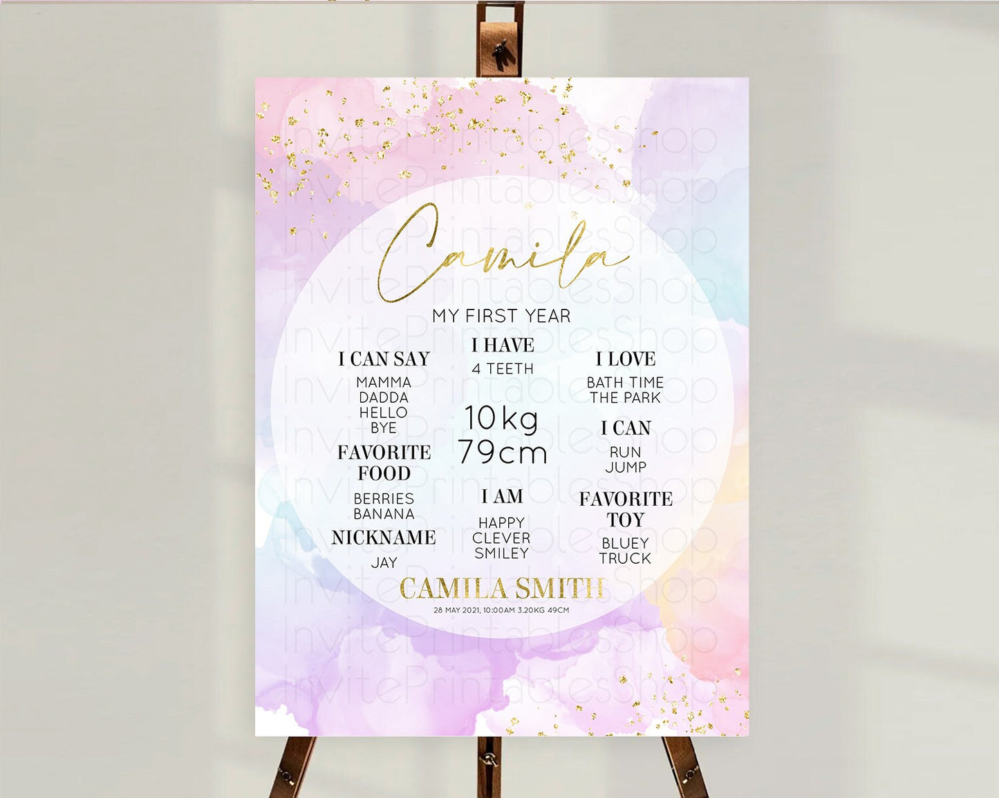 Pastel First Birthday Milestone Board Pastel Rainbow Milestone Poster Colorful Confetti Watercolor Glitter 1st Birthday Welcome Sign D10623
