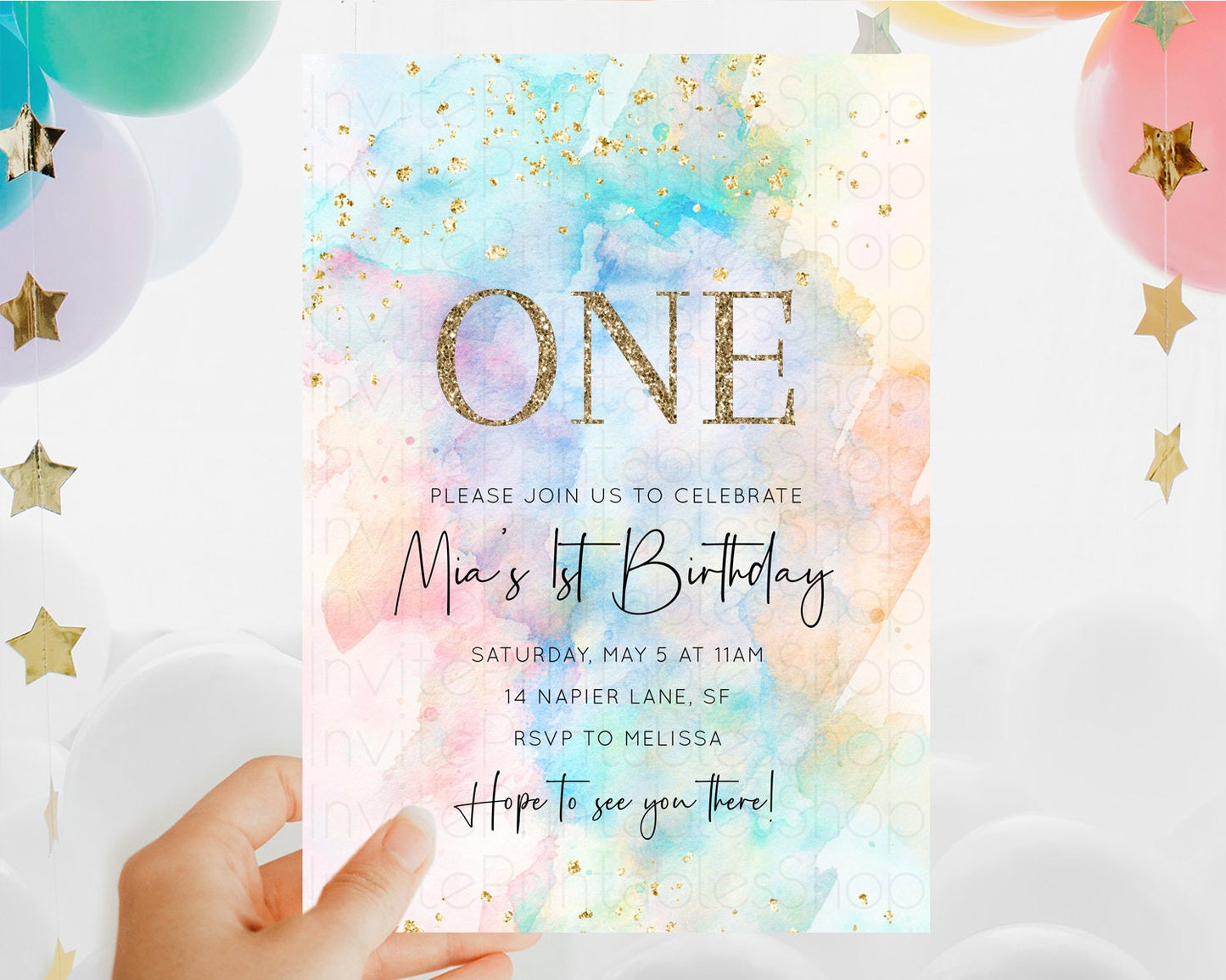 Rainbow Birthday Invitation Colorful Pastel Watercolor Invitation Gold Glitter Sprinkles Ombre Pastel 1st 2nd 3rd Birthday D10266