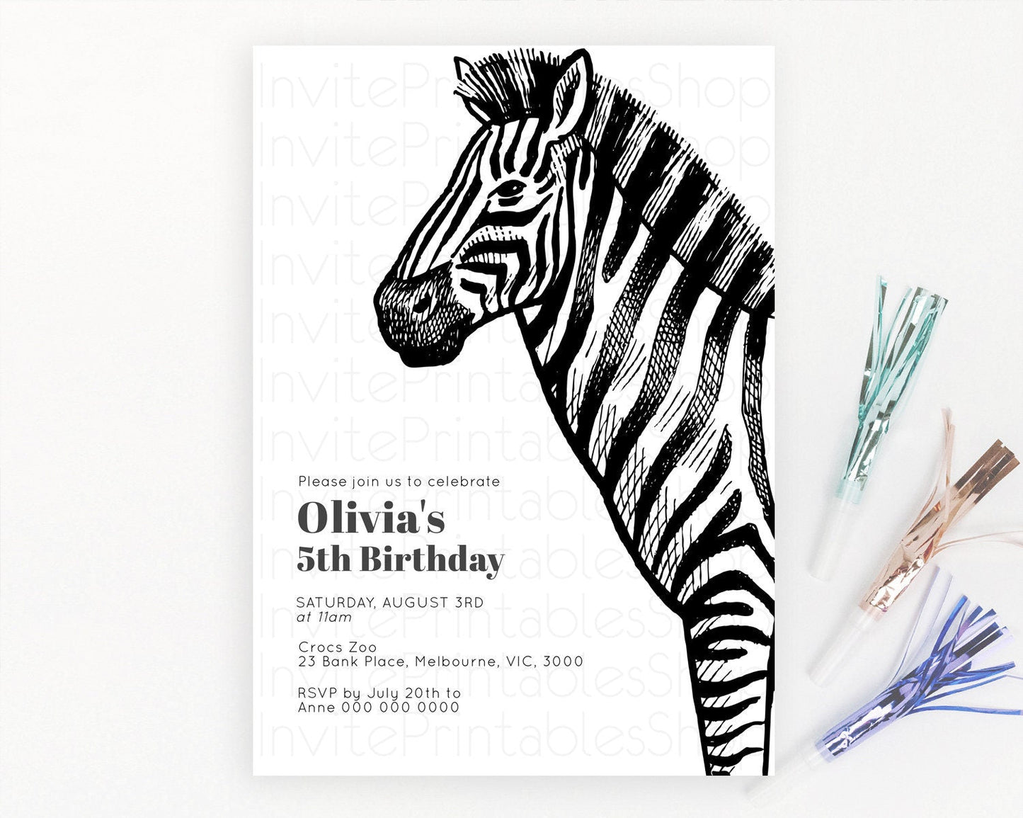 Zebra Birthday Invitation Zebra Invite Jungle Safari invite Watercolor Tropical Palm Invite Adventure Zoo Party Wild Animal Party D10249