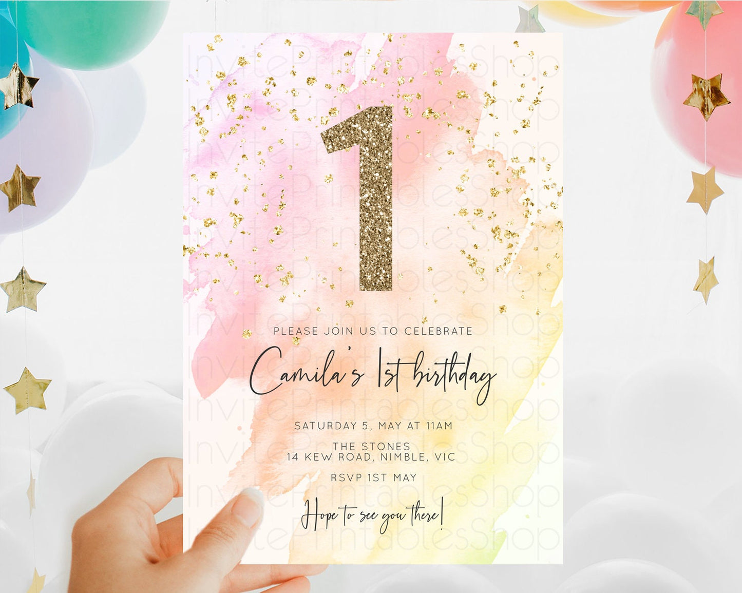 Pink Birthday Invitation pink Watercolor Invitation Pastel pink Watercolor Invitation pink Splash Gold Invitation 1st First Birthday D10167