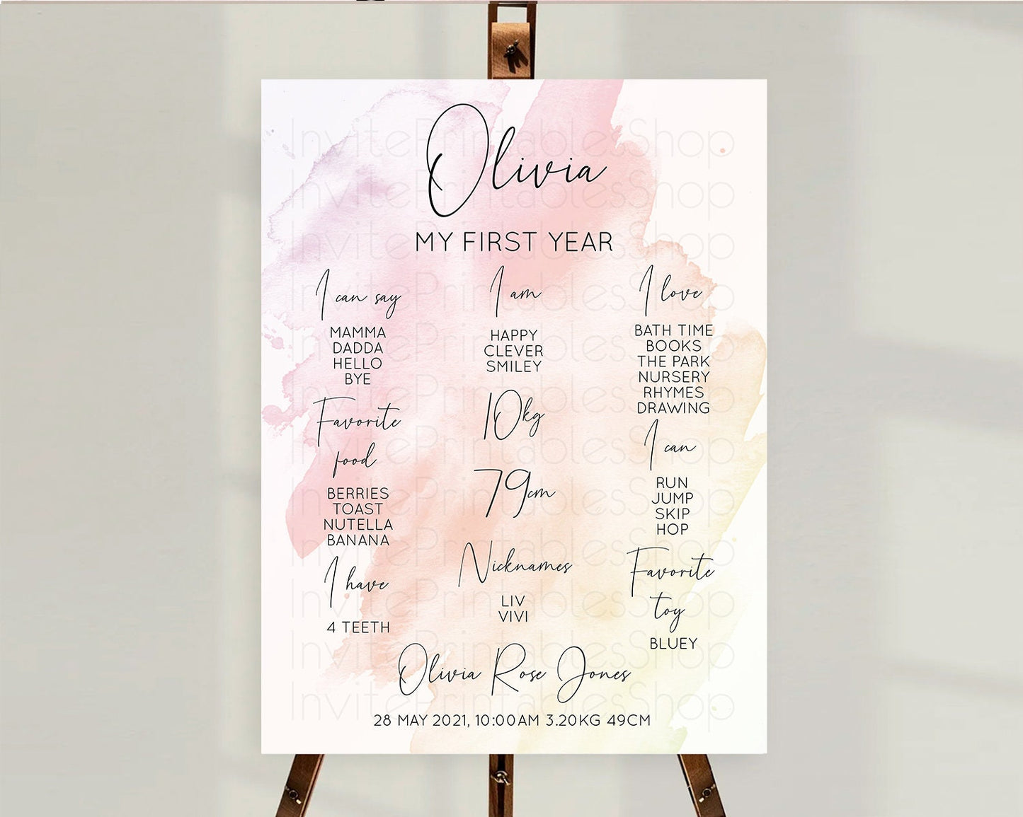 Pink First Birthday Milestone Poster Pink Watercolor Milestone Board Pastel Pink Watercolor Splash Milestone Board 1st Birthday D10164