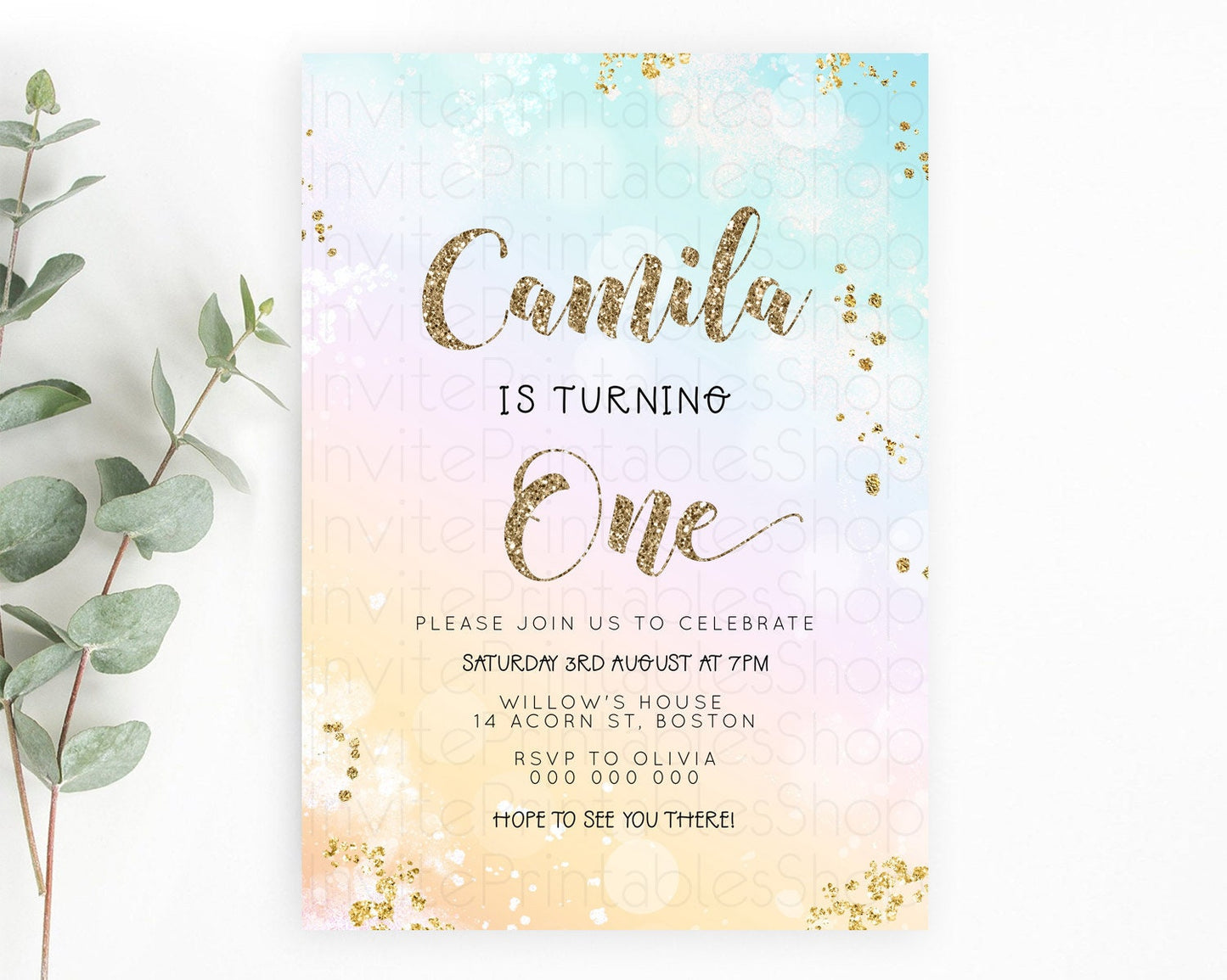 Rainbow Birthday Invitation Colorful Pastel Watercolor Invitation Gold Glitter Sprinkles Ombre Pastel 1st 2nd 3rd Birthday D23116