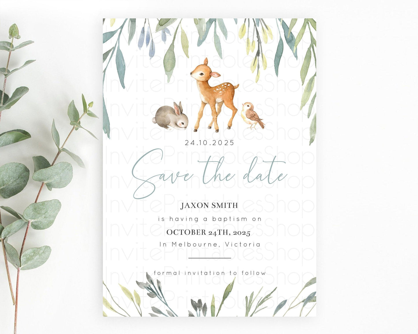 Fawn Deer Save The Date Template Pastel Floral Deer Enchanted Forest Butterfly Party 1st Birthday Baptism Baby Shower Bridal Shower D10919