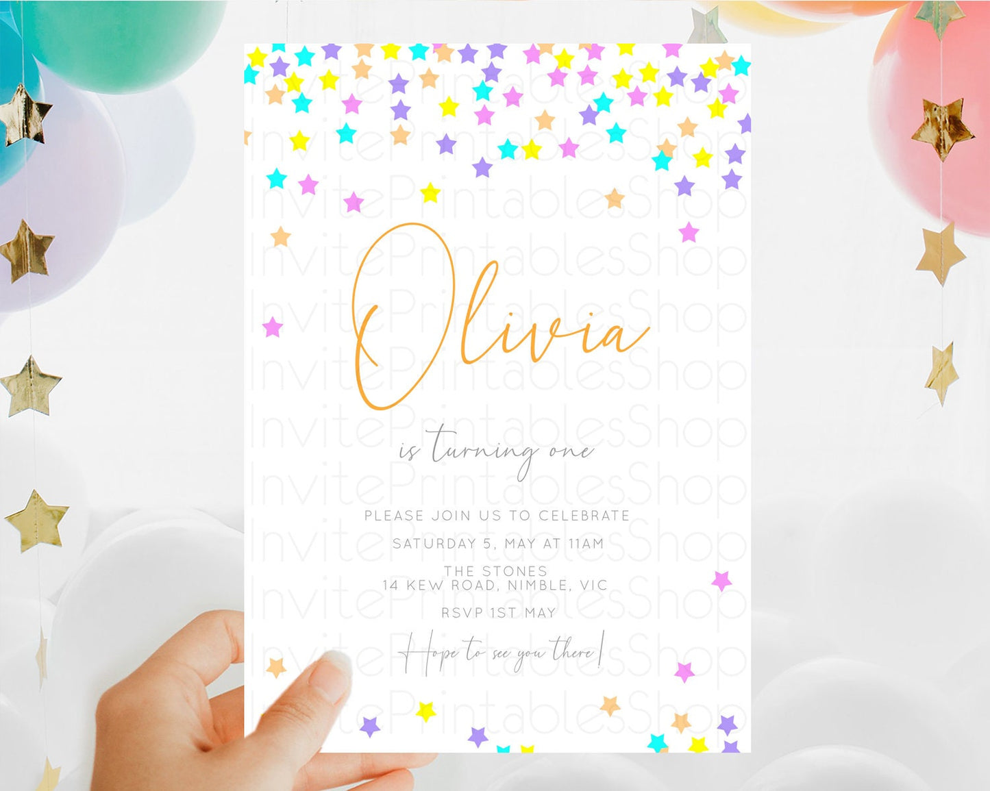 Star Birthday Invitation Pastel Stars Invite Shooting Star Party Rainbow Colorful Confetti Twinkle Little Star 2nd First Birthday D10397