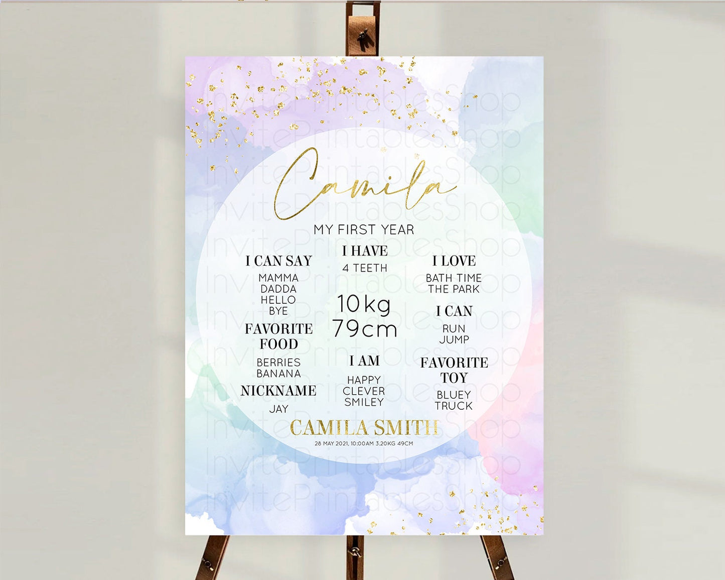Pastel First Birthday Milestone Board Pastel Rainbow Milestone Poster Colorful Confetti Watercolor Glitter 1st Birthday Welcome Sign D10624