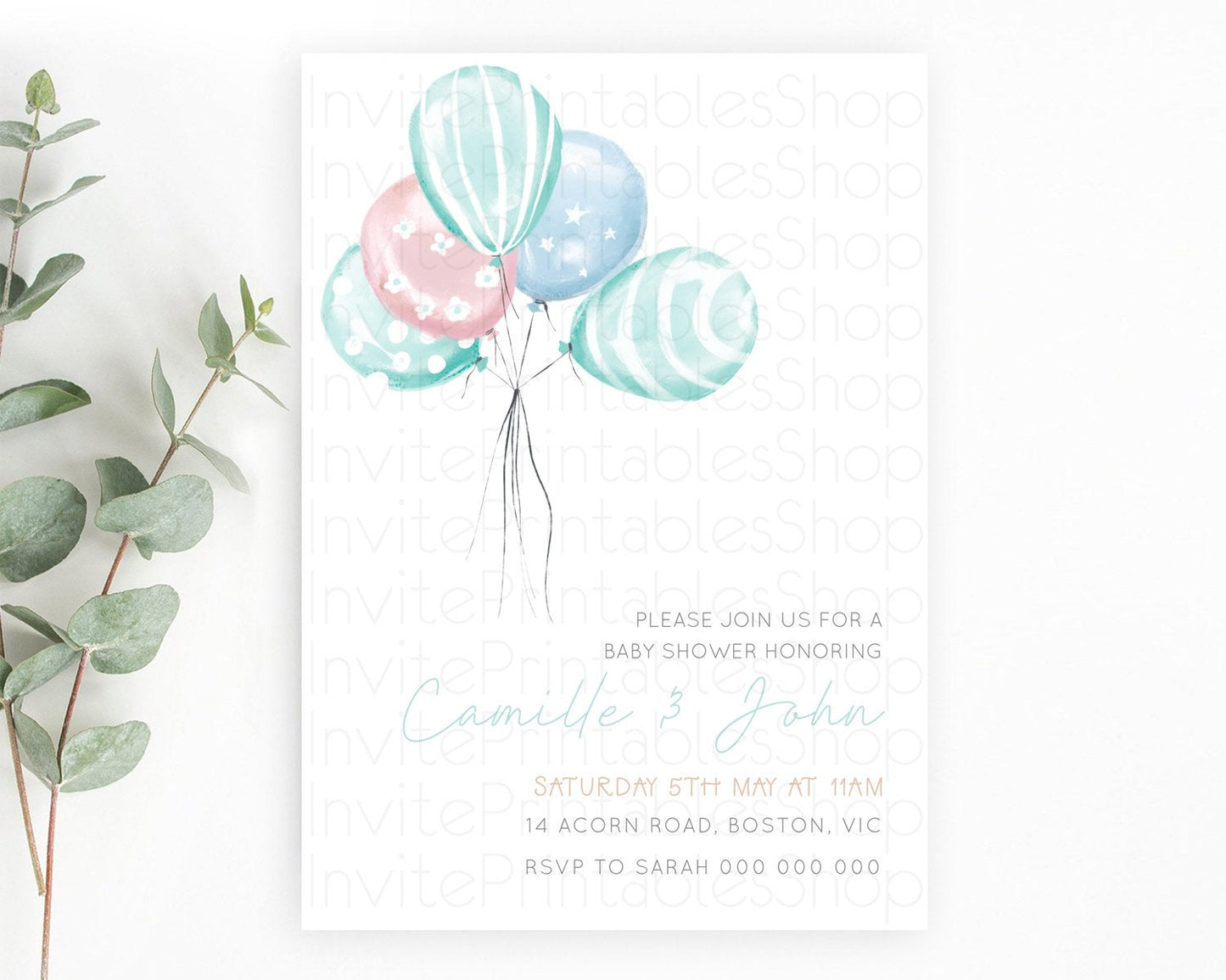 Pastel Blue Balloon Baby Shower Invitation Pastel Balloon Invitation Pastel Blue Pink Invitation Balloon Baby Shower Theme d22997