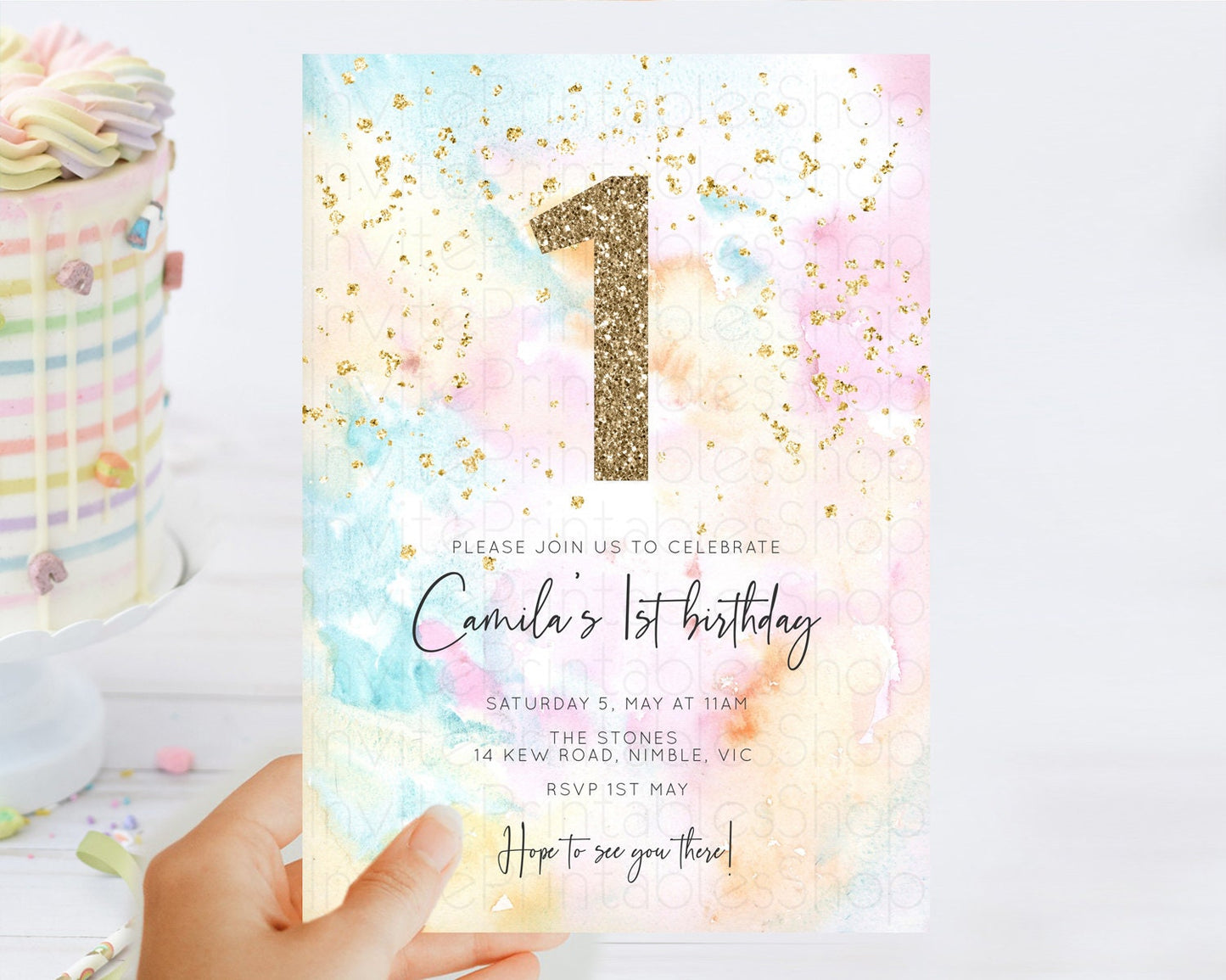 Rainbow Birthday Invitation Colorful Pastel Watercolor Invitation Gold Glitter Sprinkles Ombre Pastel 1st 2nd 3rd Birthday D10548