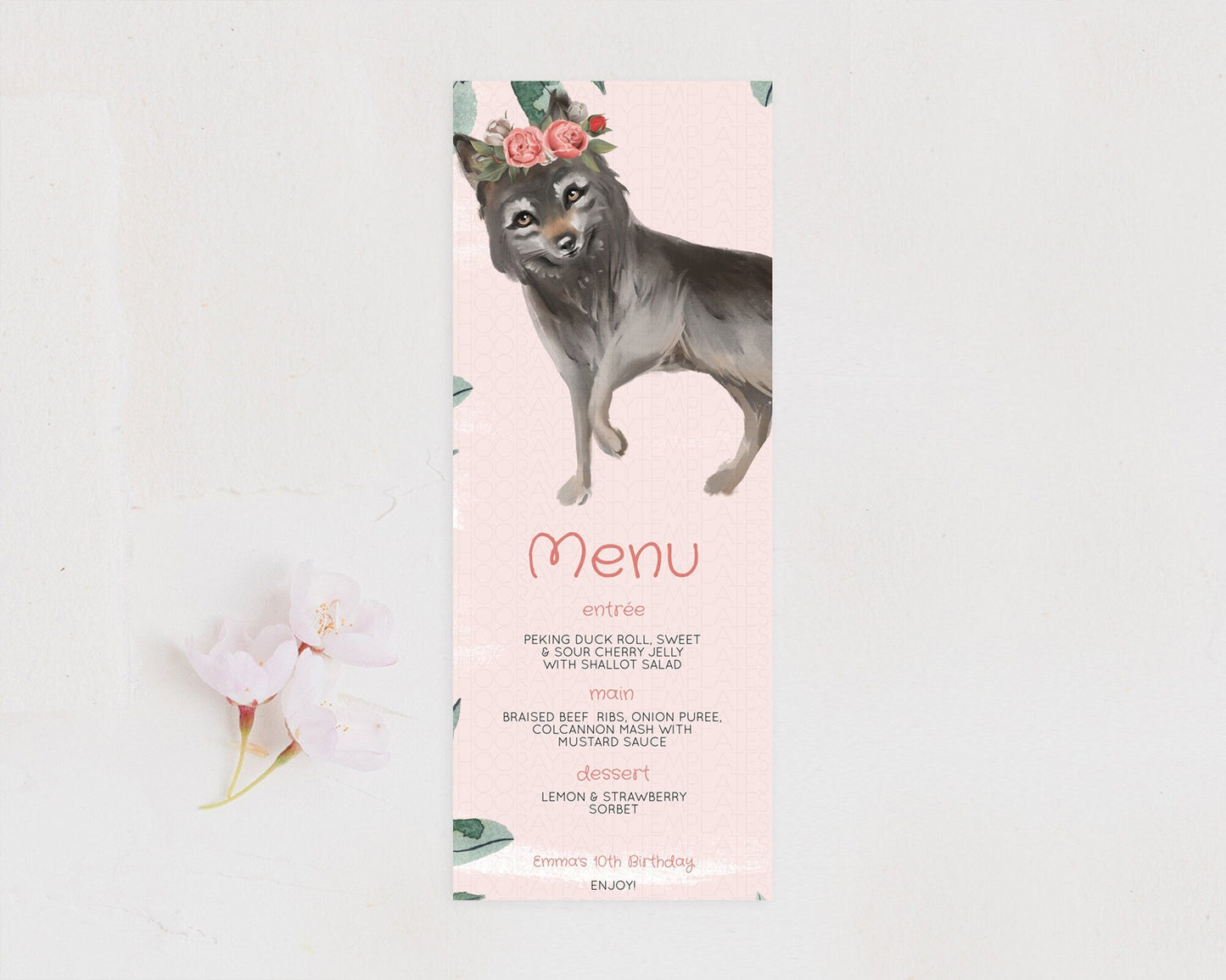 Wolf Menu Wolf Menu Template Pastel Floral Wolf Table Decor Forest Wolf Party Decor Wolf Dinner Dessert Menu Wolf Party Food Menu D10535