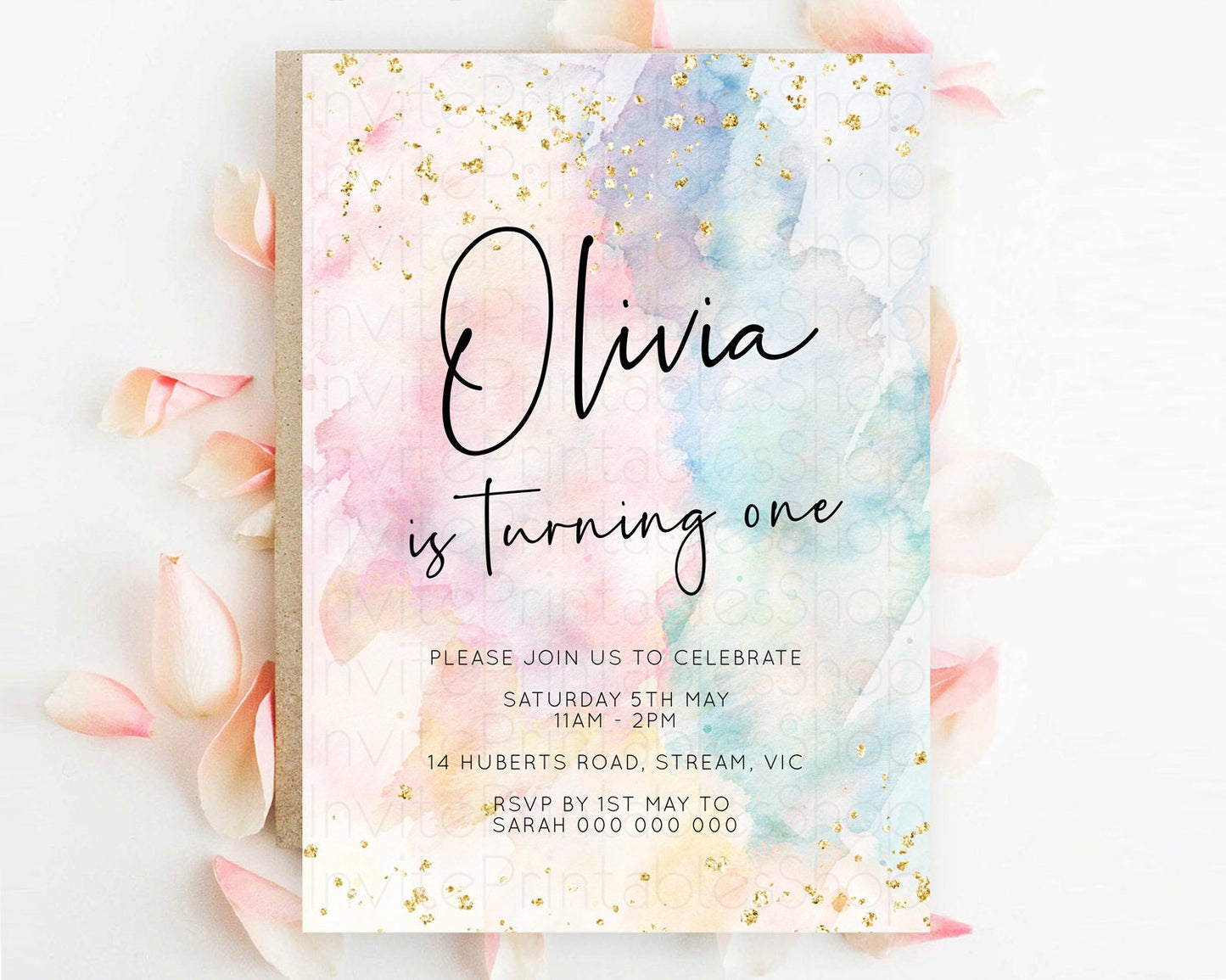 Rainbow Birthday Invitation Colorful Pastel Watercolor Invitation Gold Glitter Sprinkles Ombre Pastel 1st 2nd 3rd Birthday D10263