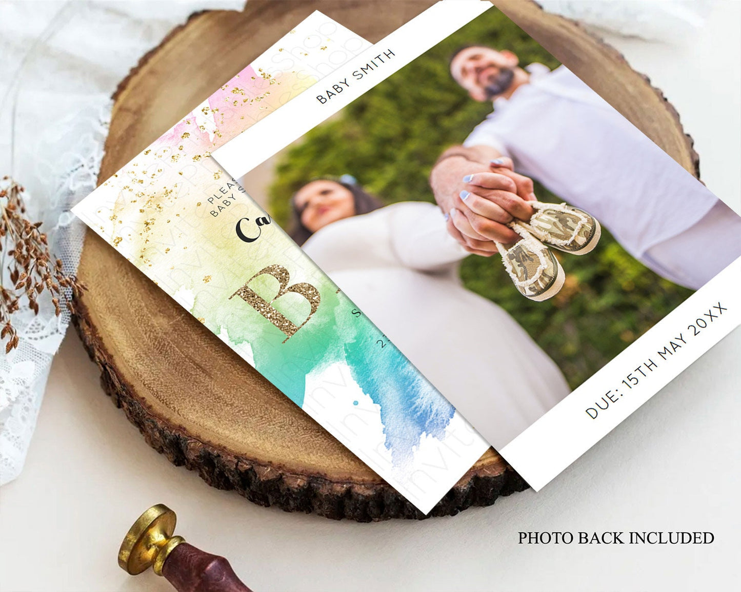 Pastel Rainbow Baby Shower Invitation with Gold Glitter Sprinkles, Colorful Watercolor Ombre Theme in Pink, Yellow, Blue, and Purple D10256