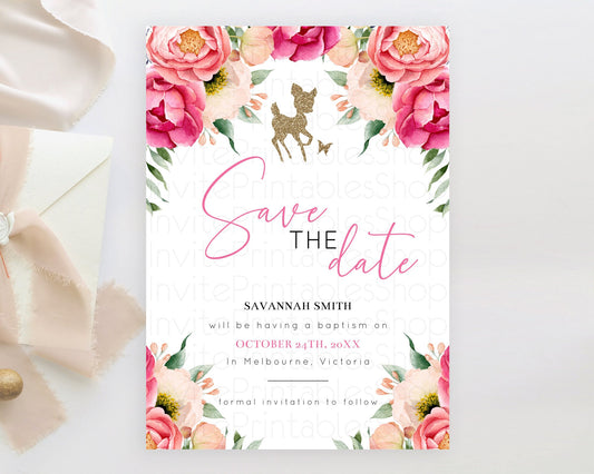 Editable Fawn Deer Save The Date Template Pastel Floral Deer Enchanted Fores