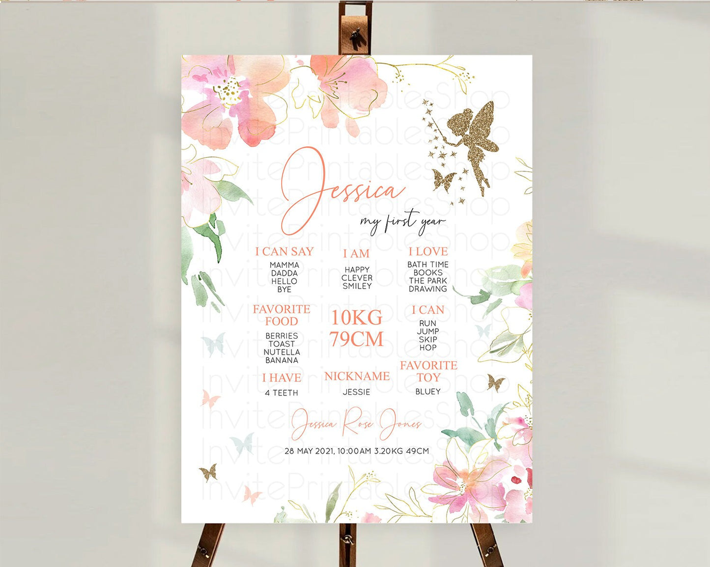 Fairy First Birthday Milestone Poster Fairy Secret Garden Milestone Board Enchanted Garden Pastel Floral Butterfly 1st Birthday Sign D10934