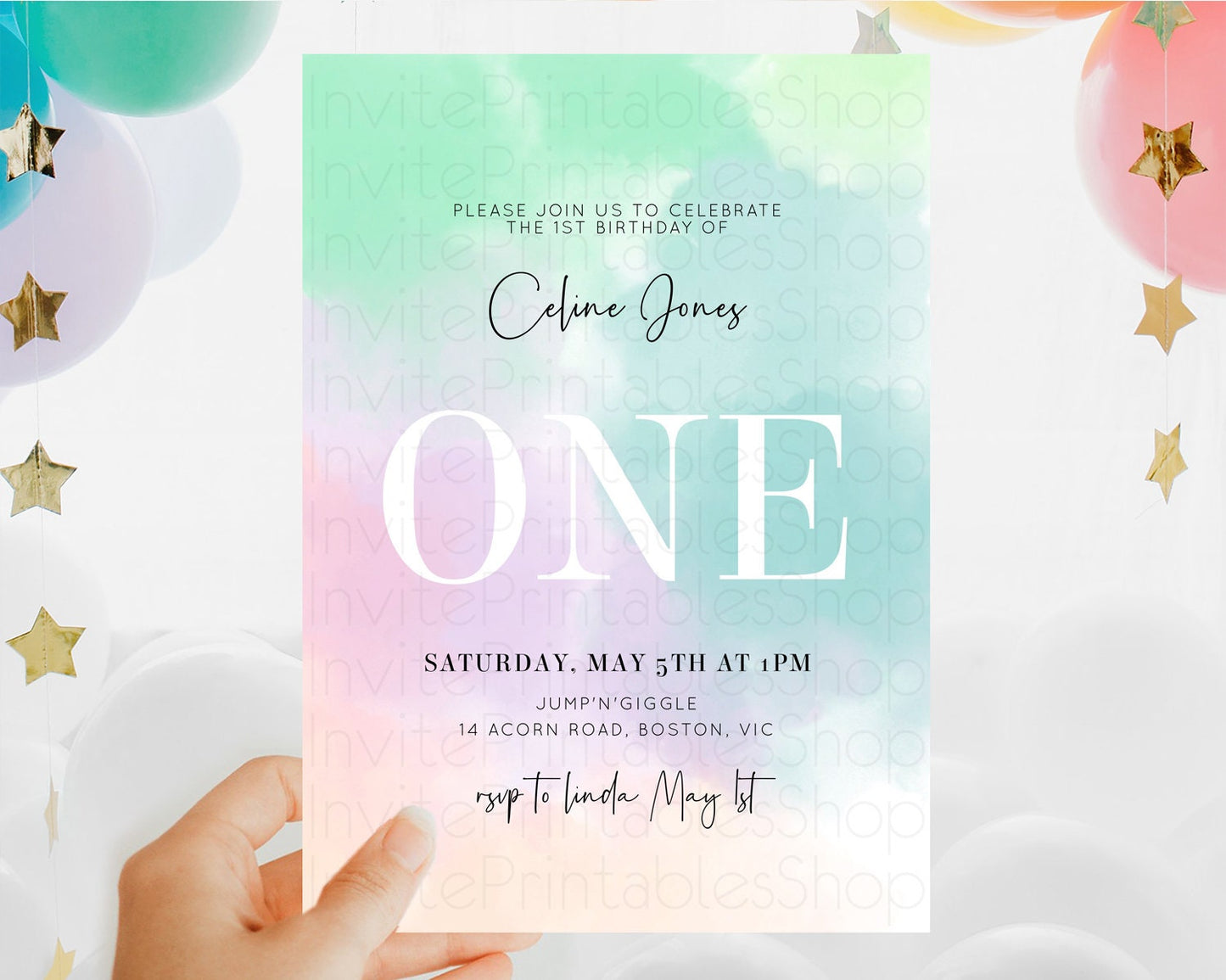 Rainbow Birthday Invitation Colorful Pastel Watercolor Invitation Gold Glitter Sprinkles Ombre Pastel 1st 2nd 3rd Birthday D10375