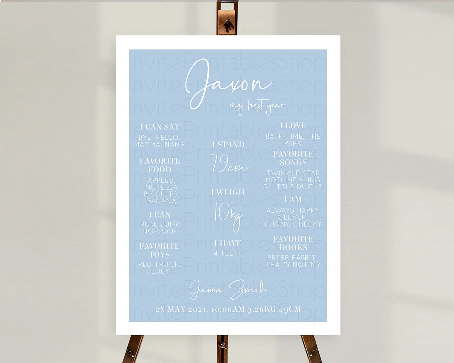 Blue First Birthday Milestone Poster Plain Blue Milestone Board Minimalist Pastel Blue Milestone Modern 1st Birthday Welcome Sign D10734