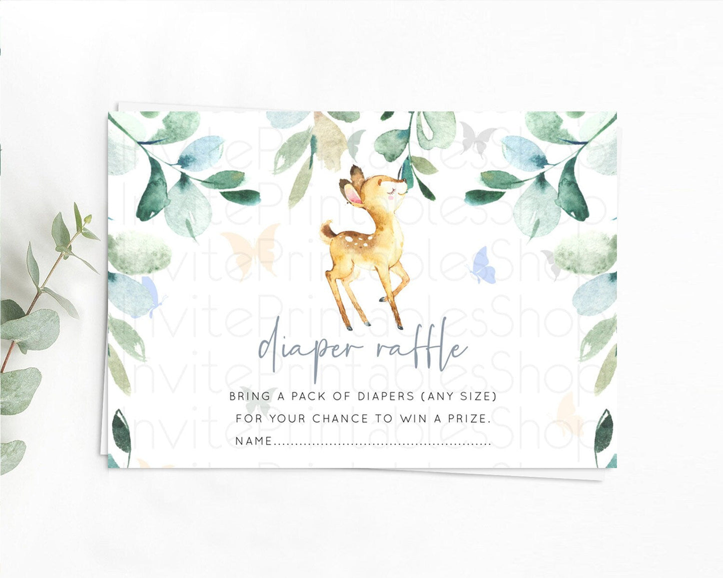 Fawn Diaper Raffle Card Deer Diaper Insert Floral Deer Diaper Ticket Enchanted Forest Butterfly Pastel Baby Shower Raffle Game D10767