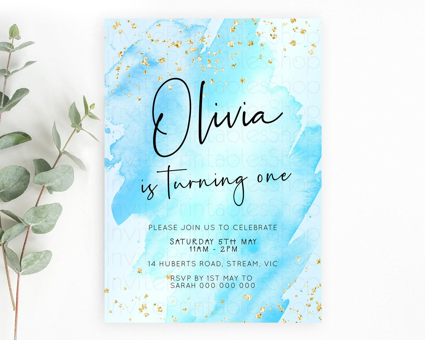 Blue Birthday Invitation Blue Watercolor Invitation Pastel Blue Watercolor Invitation Blue Splash Gold Invitation 1st First Birthday D23076