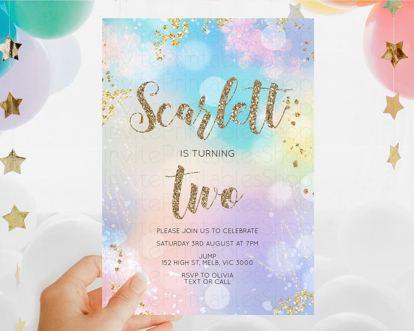Rainbow Birthday Invitation Colorful Pastel Watercolor Invitation Gold Glitter Sprinkles Ombre Pastel 1st 2nd 3rd Birthday D10677