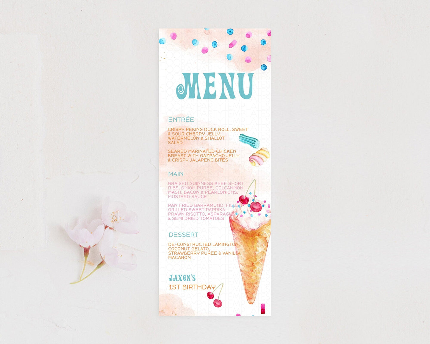 Ice Cream Menu Sweet One Menu Template Heres The Scoop Decor Pastel Candy Table Decor Candy Scoop Dinner Dessert Party Food Menu D10554
