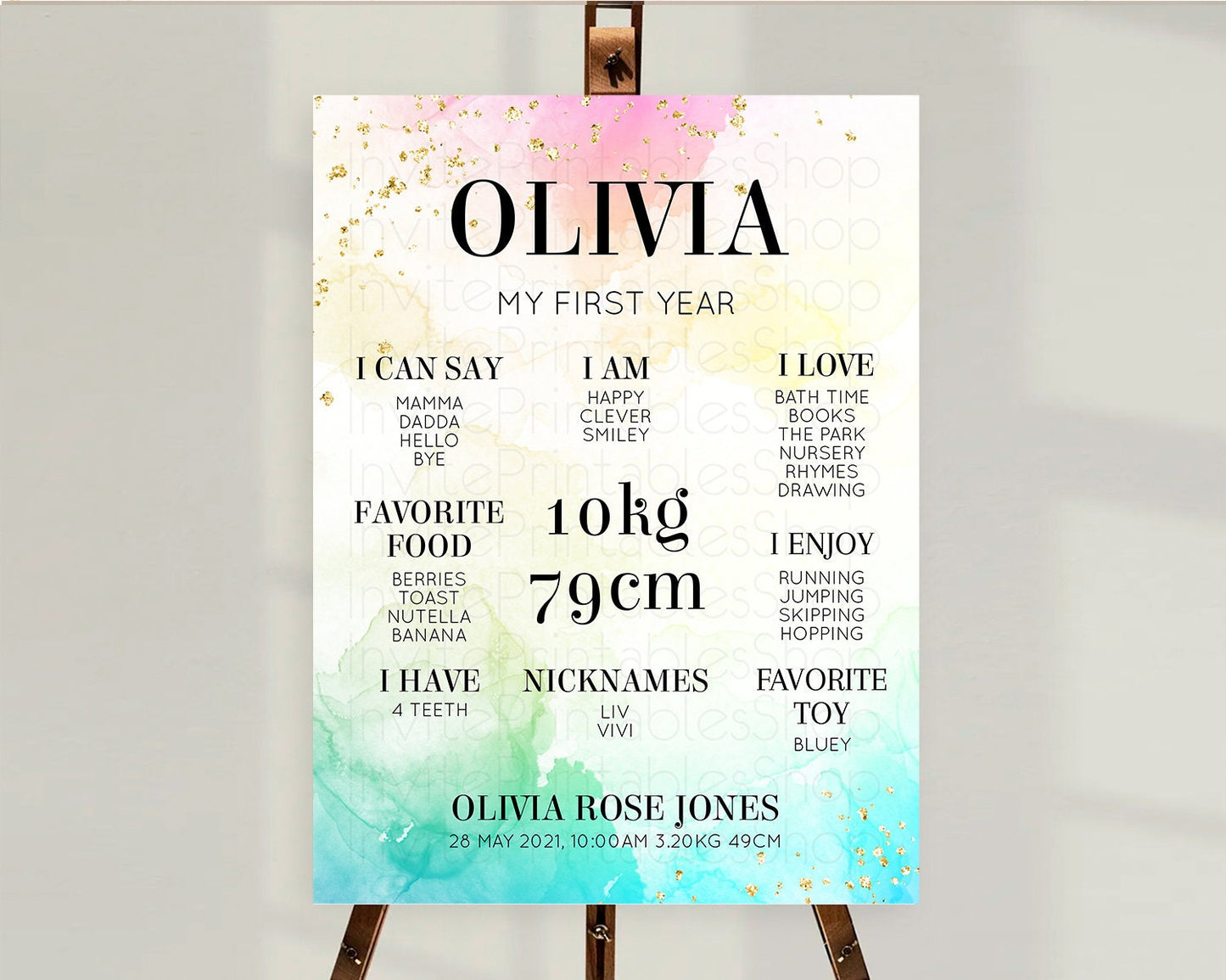 Pastel First Birthday Milestone Board Pastel Rainbow Milestone Poster Colorful Confetti Watercolor Glitter 1st Birthday Welcome Sign D10770