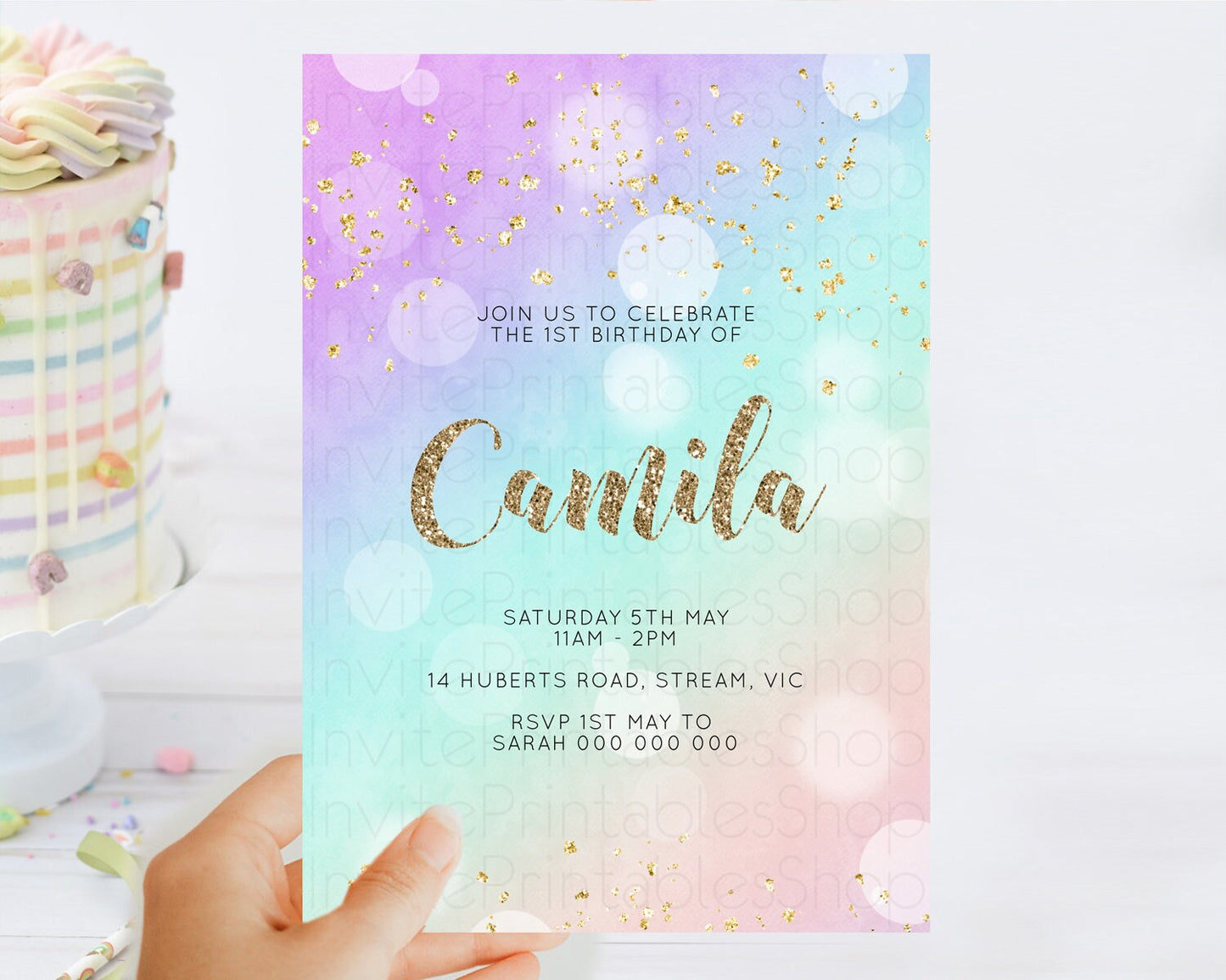 Rainbow Birthday Invitation Colorful Pastel Watercolor Invitation Gold Glitter Sprinkles Ombre Pastel 1st 2nd 3rd Birthday D10621