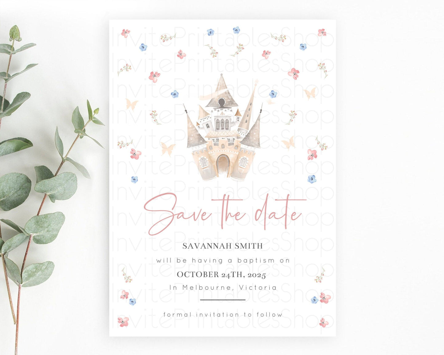 Princess Save The Date Template Secret Garden Enchanted Castle Pastel Floral Royal Party For 1st Birthday Baptism Baby Shower D10364