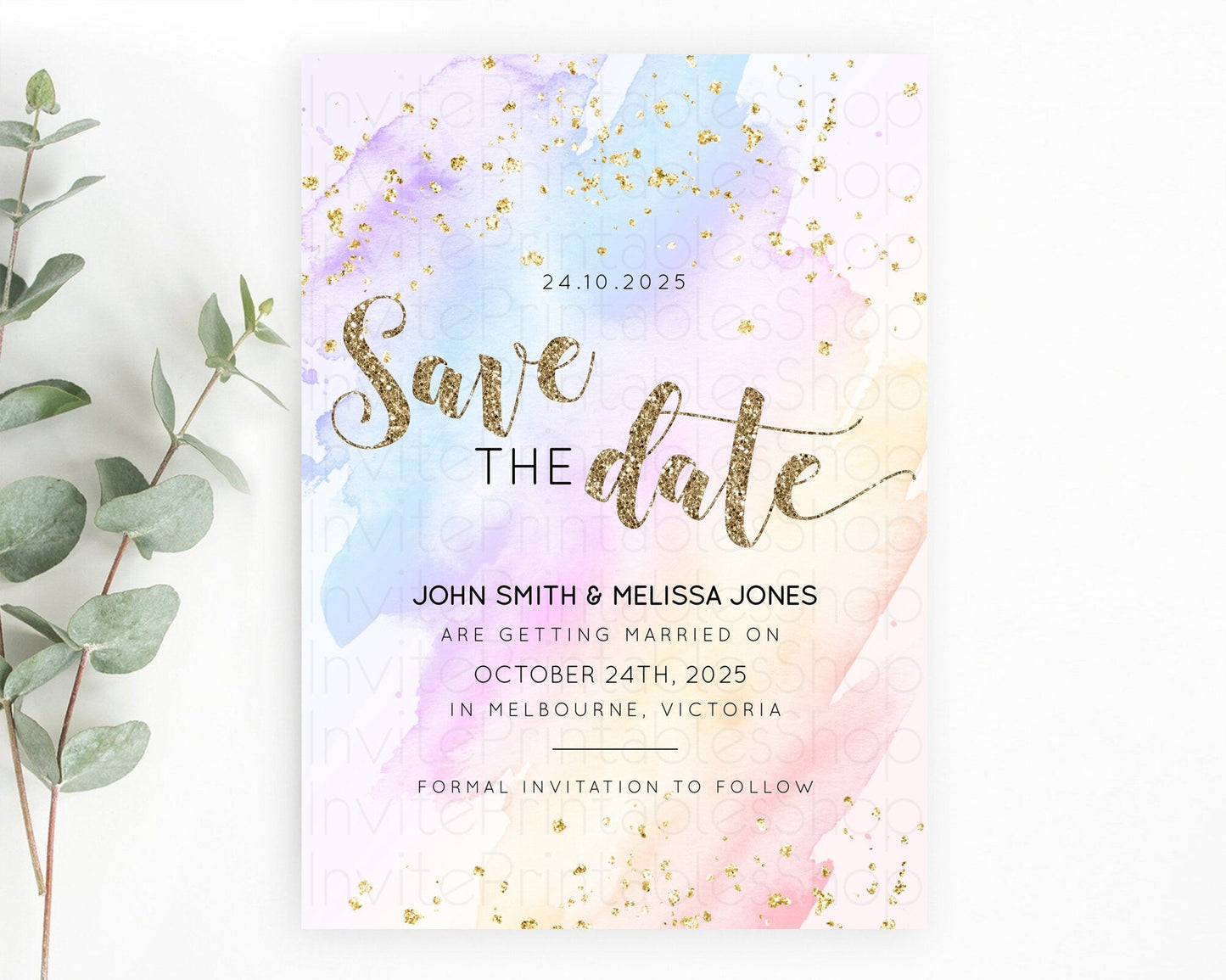 Pastel Save The Date Template Pastel Ombre Rainbow Watercolor Colorful Party For Birthday Baptism Baby Shower Wedding Bridal Shower D10633
