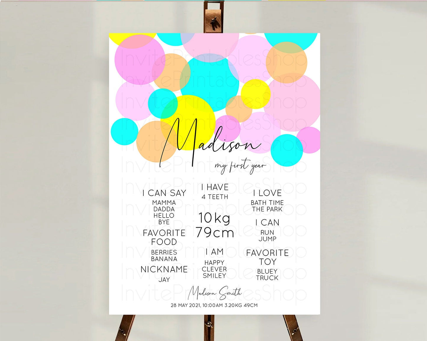 Pastel First Birthday Milestone Poster Pastel Rainbow Confetti First Birthday Milestone Board Colorful Bubbles Birthday Welcome Sign D10896