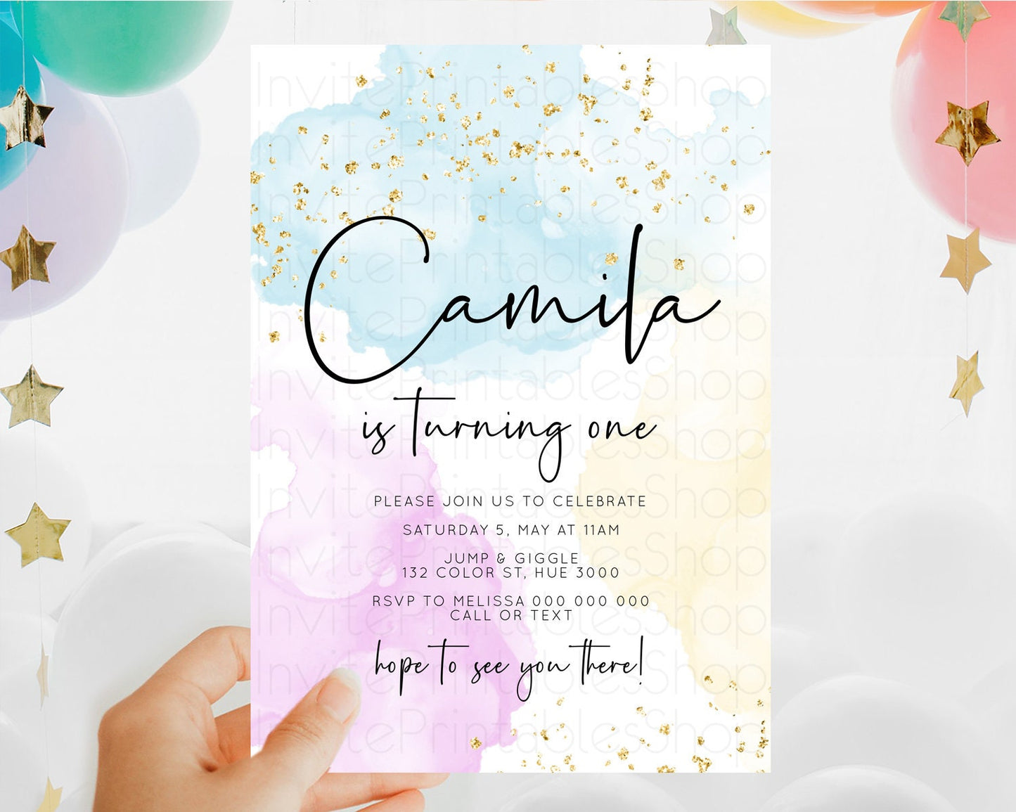 Rainbow Birthday Invitation Colorful Pastel Watercolor Invitation Gold Glitter Sprinkles Ombre Pastel 1st 2nd 3rd Birthday D10155