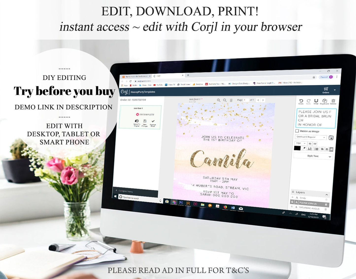 Pastel Birthday Invite Colorful Birthday Invitation Orange Purple Watercolor Invite Pastel Pink Ombre Invite Glitter Invite 1st 2nd 3rd P581