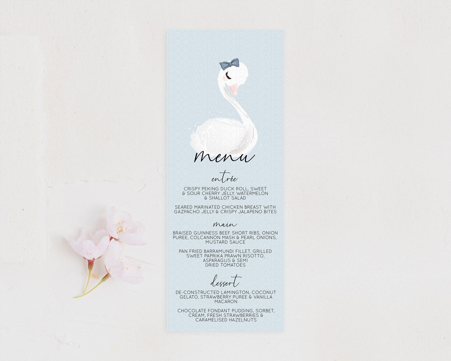 Swan Menu Swan Princess Ballet Menu Template Enchanted Swan Lake Table Decor Secret Garden Pastel Floral Dinner Dessert Food Menu D10760