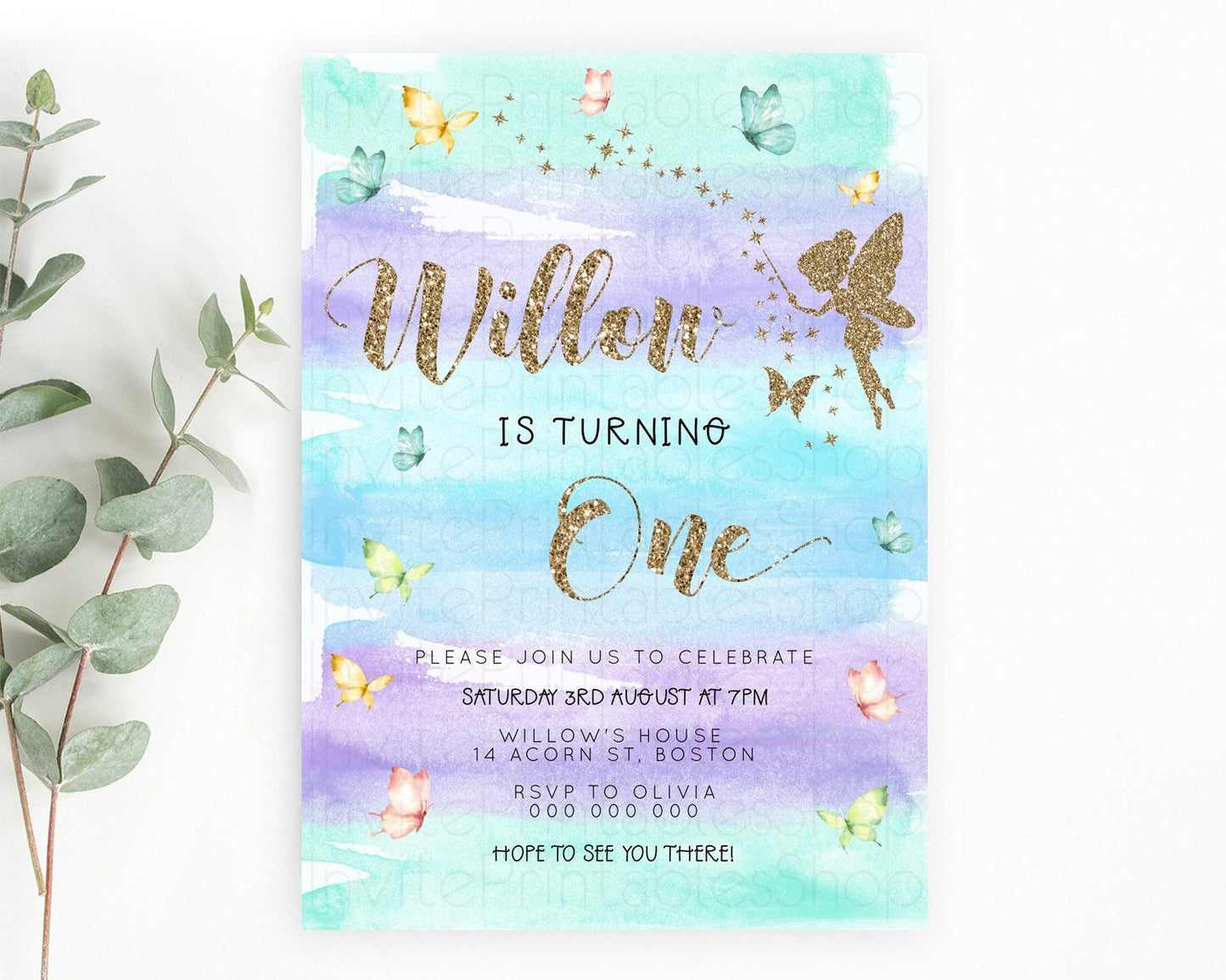 Pastel Fairy Birthday Invitation Pastel Butterflies Fairy Birthday Invitation Rainbow Ombre Watercolor 1st 2nd Birthday Invitation D23317