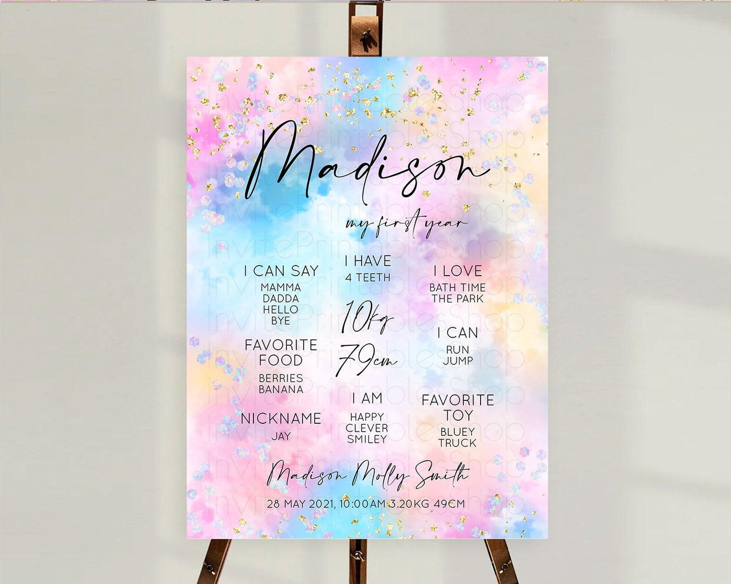 Pastel First Birthday Milestone Board Pastel Rainbow Milestone Poster Colorful Confetti Watercolor Glitter 1st Birthday Welcome Sign D10607