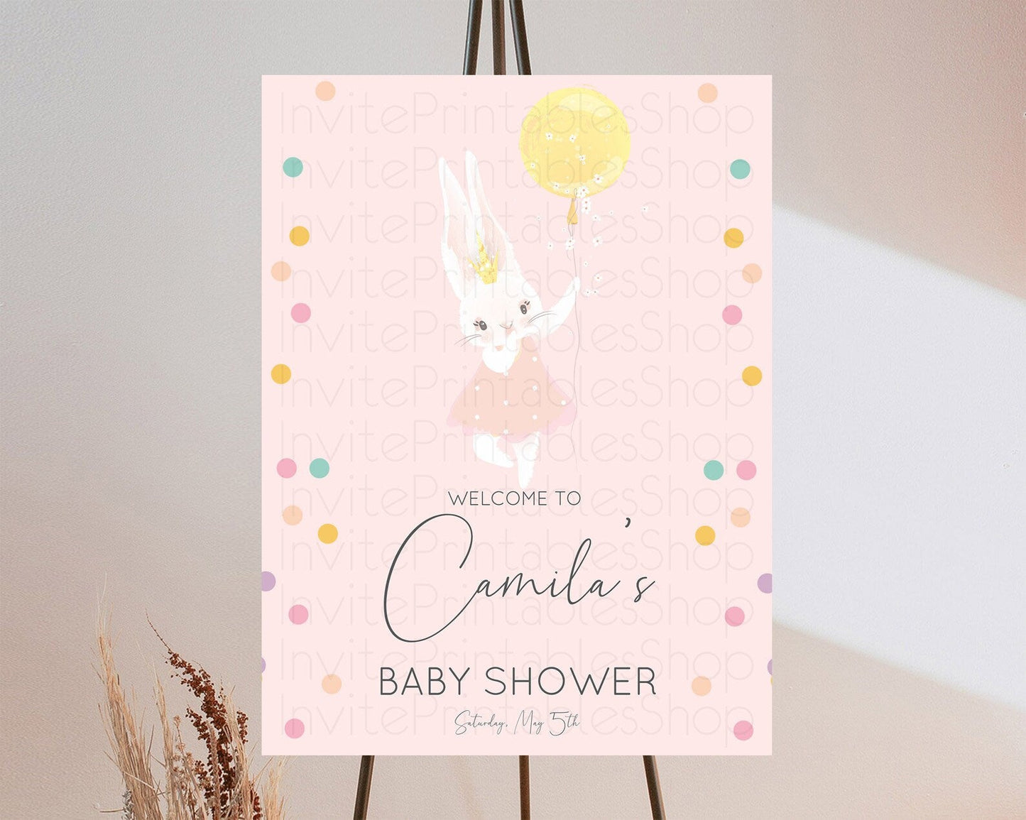 Bunny Baby Shower Welcome Sign Bunny Balloon Welcome Board Colorful Pastel Confetti Bunny Welcome Poster Sprinkles Baby Welcome Sign D10219