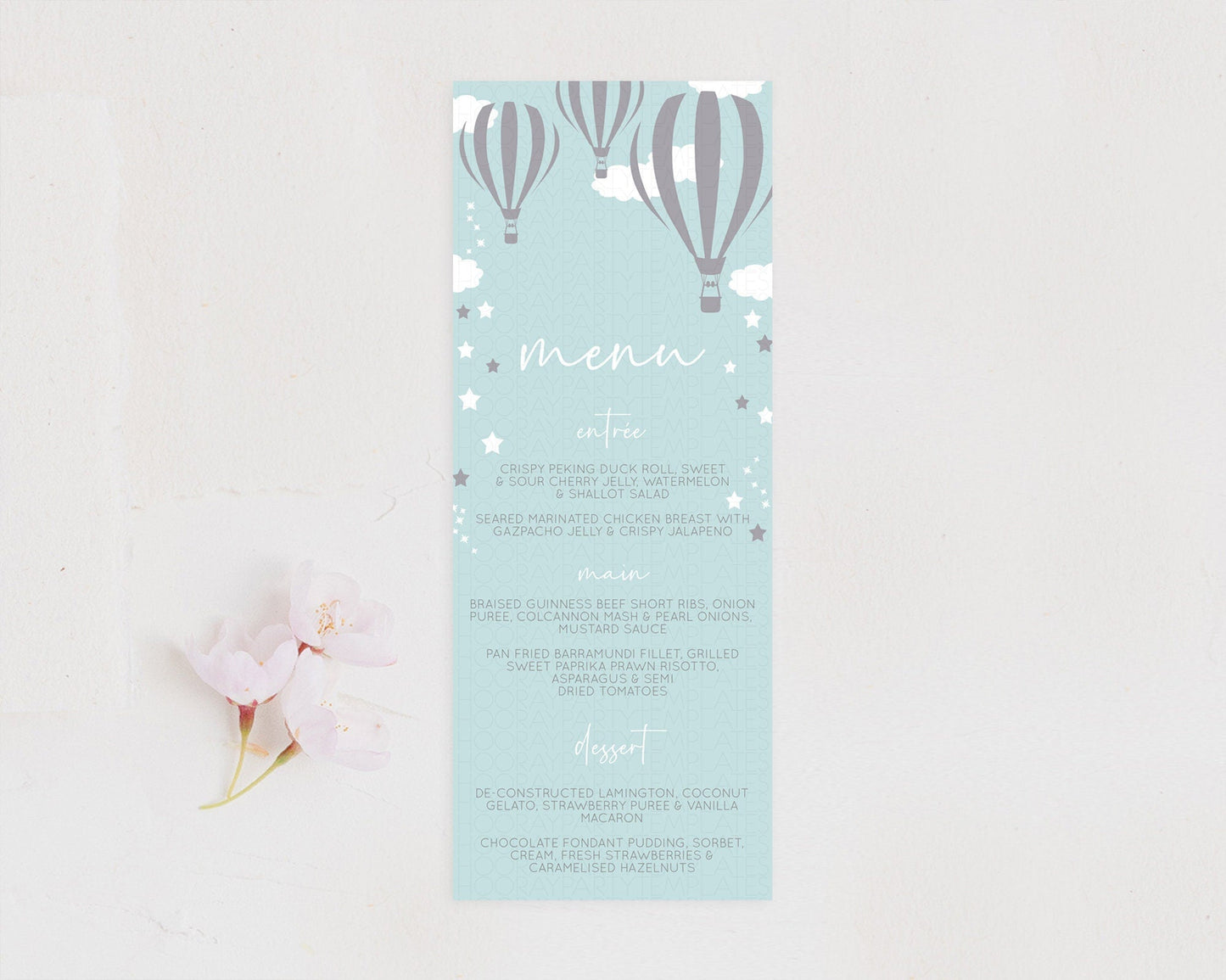 Hot Air Balloon Menu Hot Air Balloon Menu Template Hot Air Balloon Table Decor Adventure Awaits Dinner Dessert Party Food Menu D10324