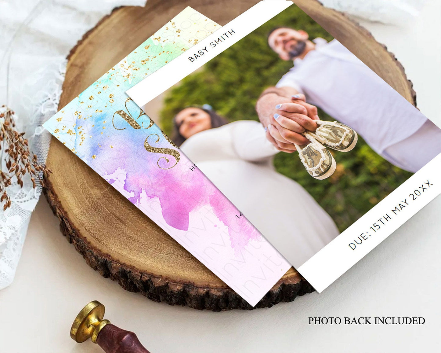 Pastel Rainbow Baby Shower Invitation, Colorful Watercolor Splash, Gold Glitter Confetti Sprinkles, Ombre Pink, Yellow, Green, Orange D10450