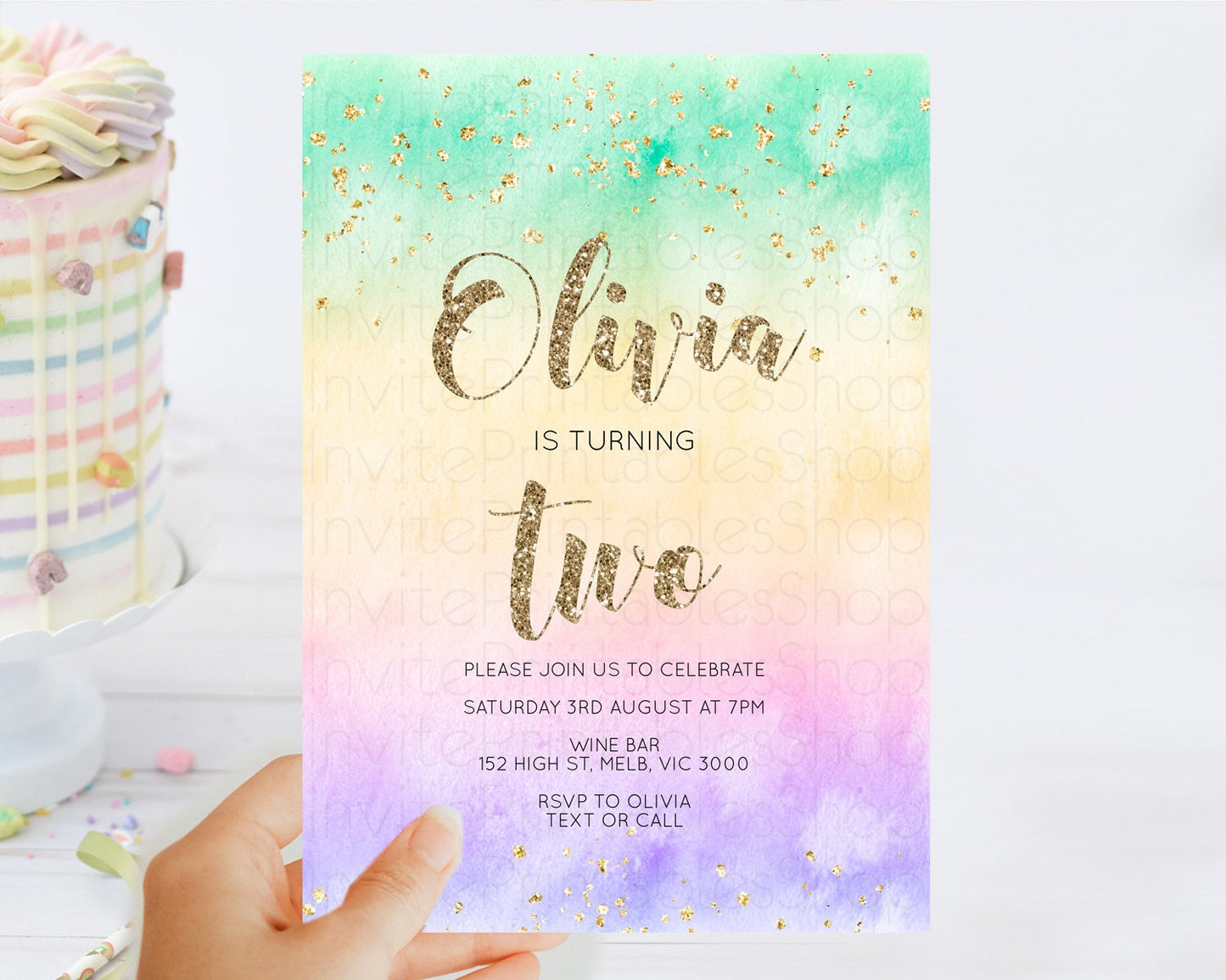 Rainbow Birthday Invitation Colorful Pastel Watercolor Invitation Gold Glitter Sprinkles Ombre Pastel 1st 2nd 3rd Birthday D10478