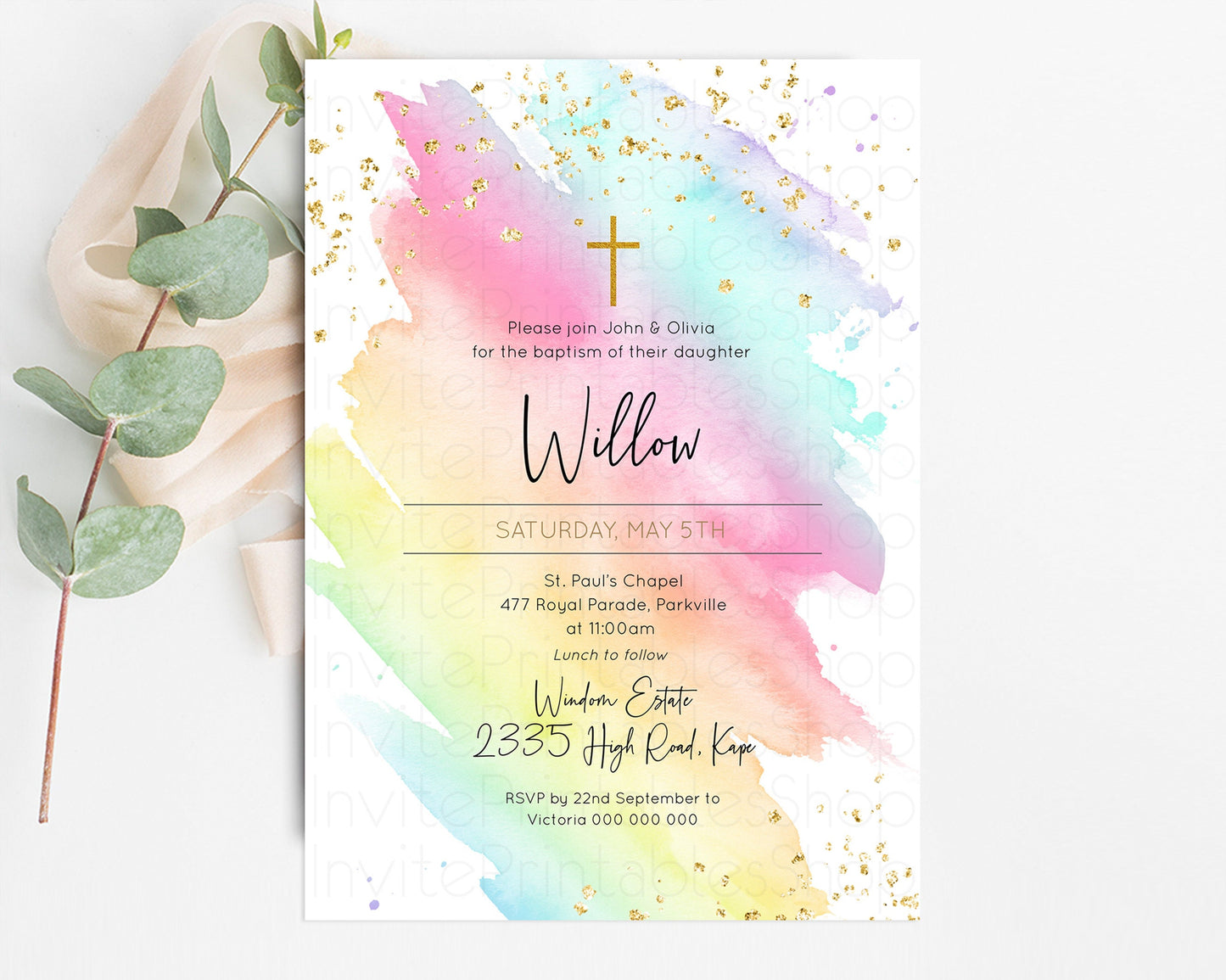 Pastel Baptism Invitation Rainbow Christening Invitation Holy Communion Invite Baptism 1st Birthday Sprinkles Ombre Watercolor Splash