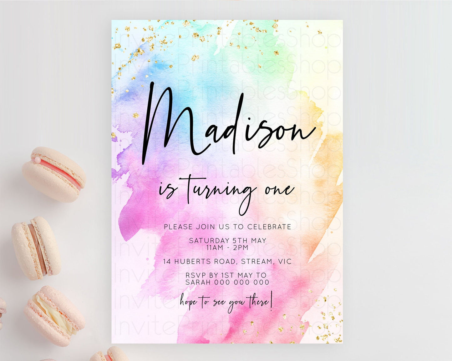 Rainbow Birthday Invitation Colorful Pastel Watercolor Invitation Gold Glitter Sprinkles Ombre Pastel 1st 2nd 3rd Birthday D10449