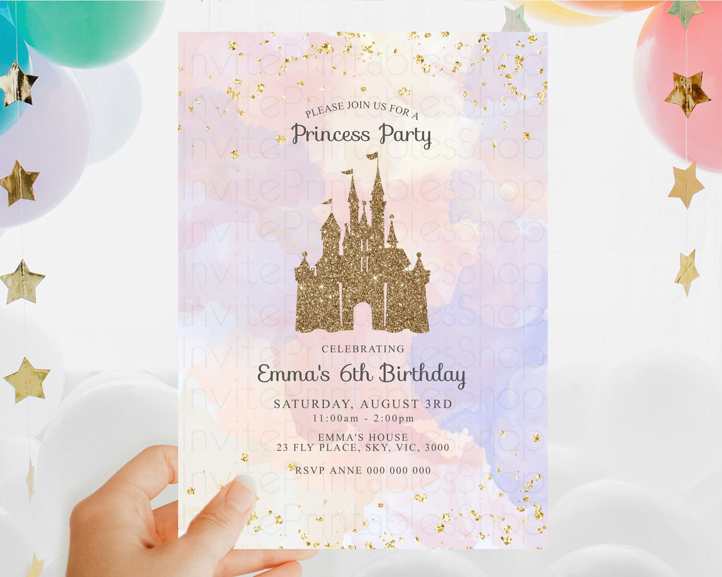 Princess Birthday Invitation Princess Invitation Pastel Invitation Royal Birthday Rainbow Color Enchanted Castle 1st First Birthday D10161