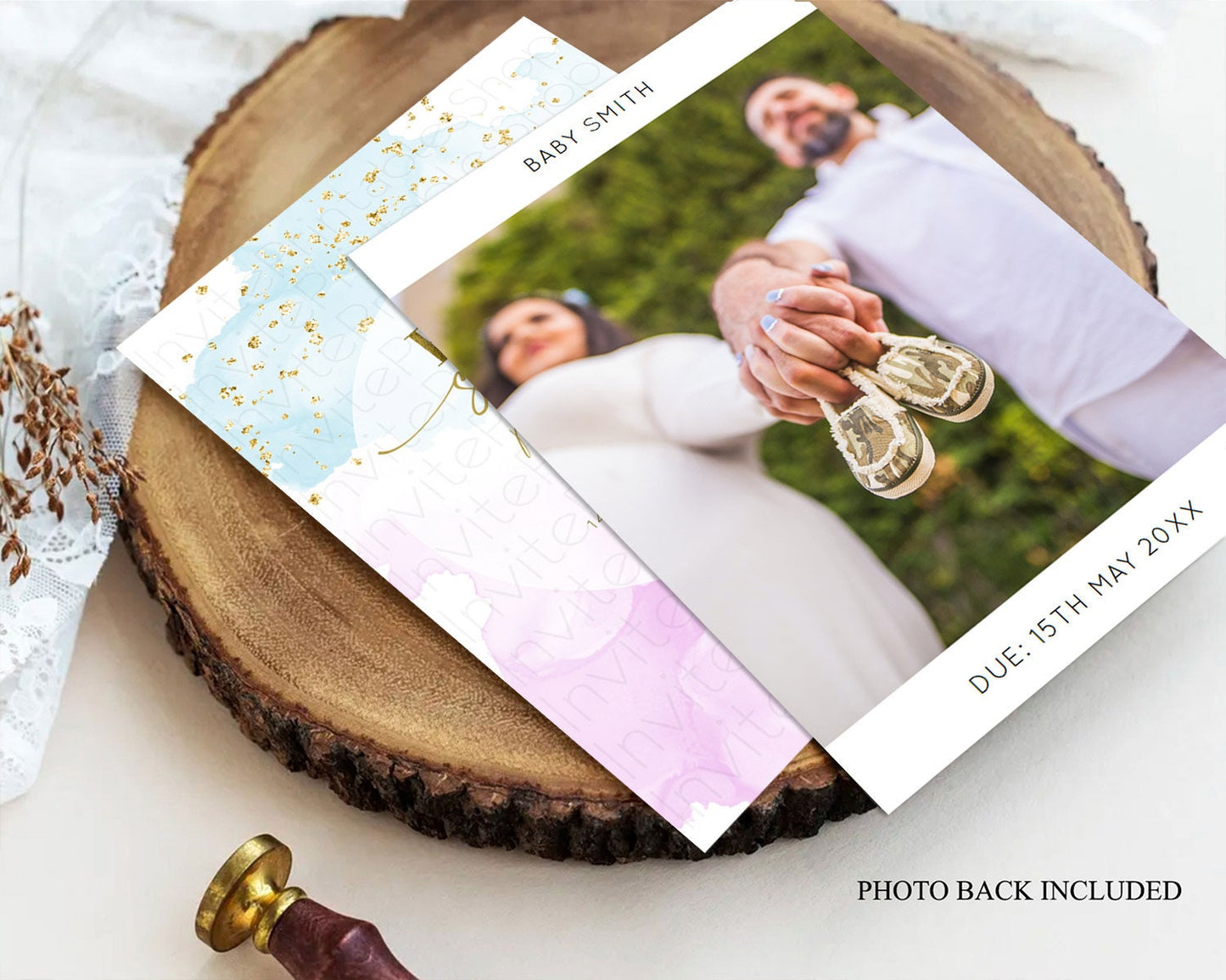 Pastel Rainbow Baby Shower Invitation, Colorful Watercolor with Gold Glitter Sprinkles - Pink, Blue, Yellow Cloud Theme Gender Reveal D10204