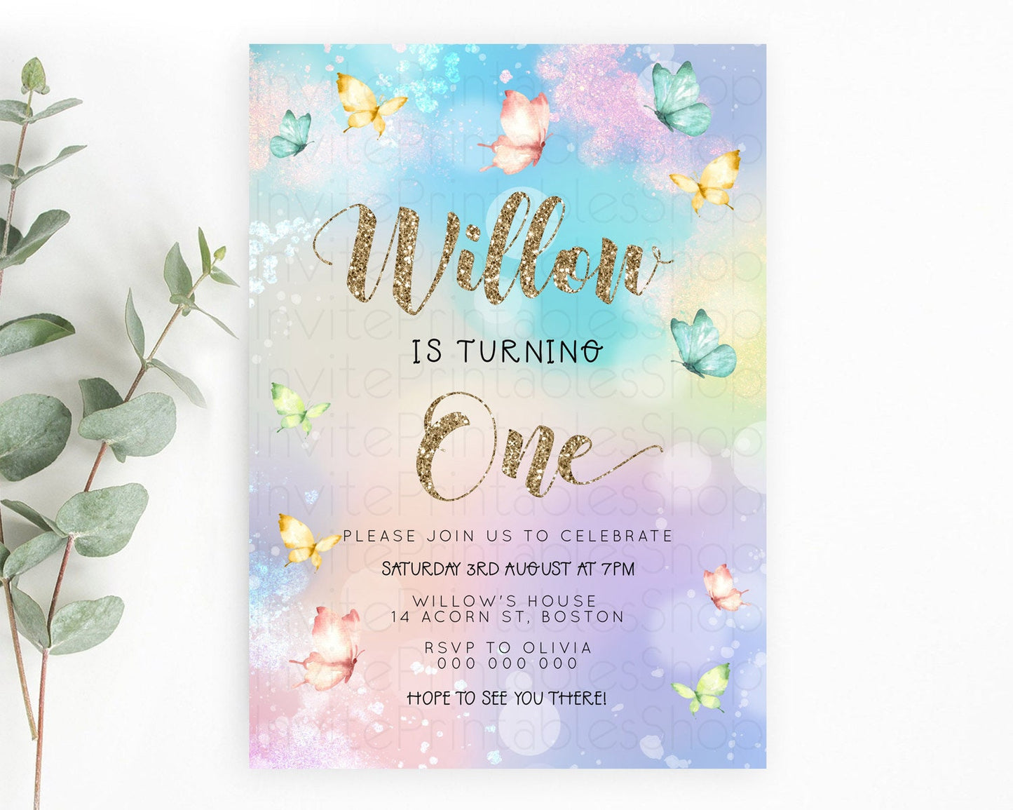 Pastel Butterfly Birthday Invitation Butterfly Birthday Invitation Colorful Splash Glitter Butterfly Garden 1st 2nd Birthday D23093