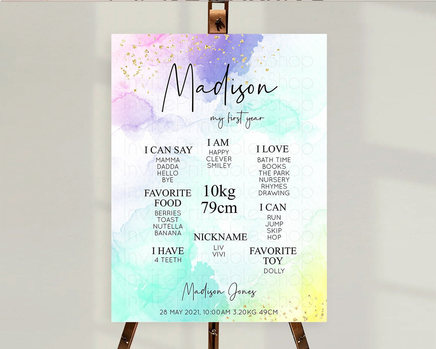 Pastel First Birthday Milestone Board Pastel Rainbow Milestone Poster Colorful Confetti Watercolor Glitter 1st Birthday Welcome Sign D10158
