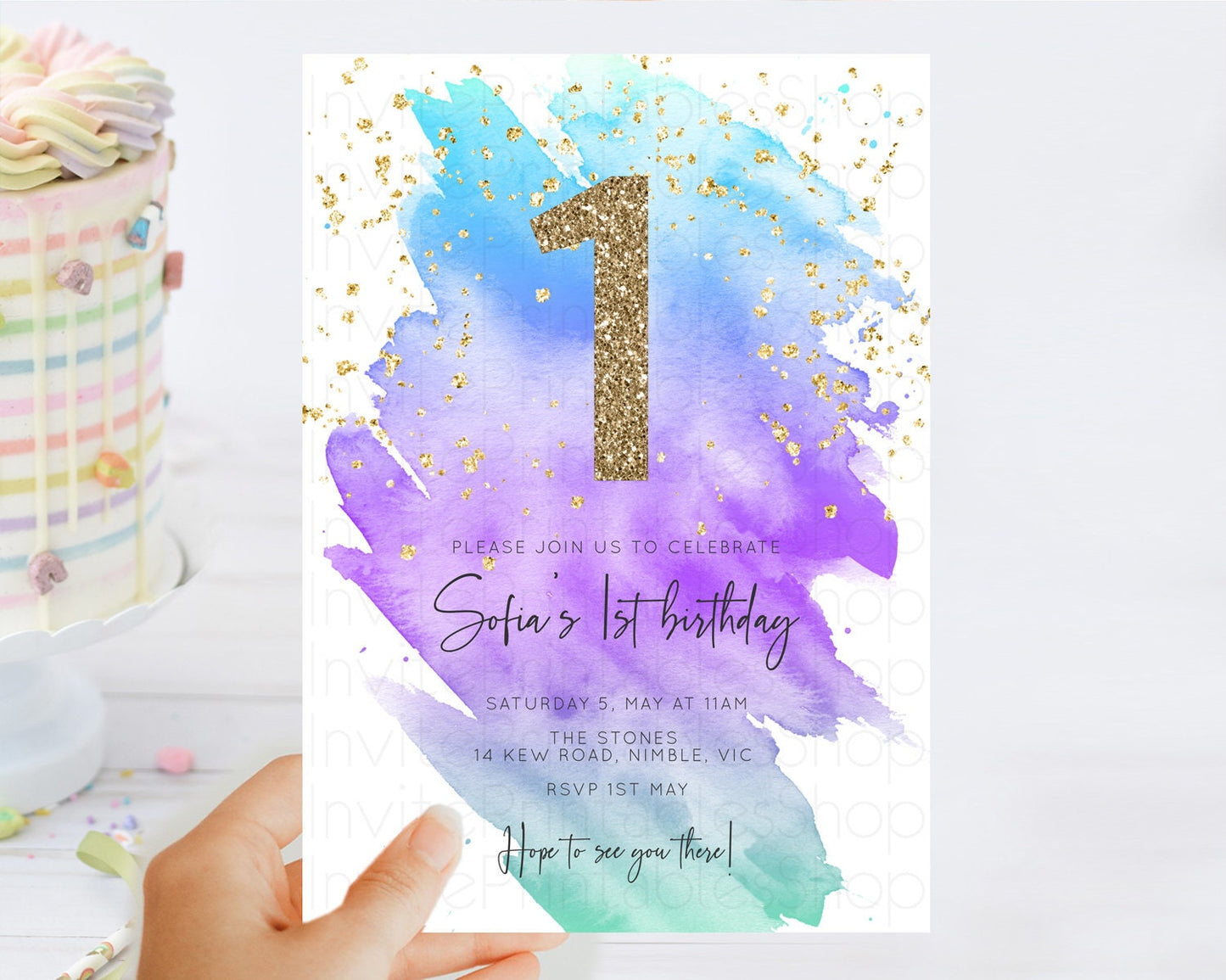 Rainbow Birthday Invitation Colorful Pastel Watercolor Invitation Gold Glitter Sprinkles Ombre Pastel 1st 2nd 3rd Birthday D10491