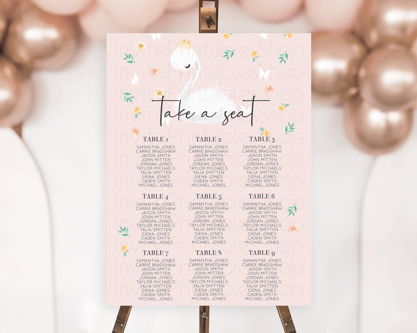 Editable Swan Seating Chart Swan Princess Ballet Seating Sign Watercolour Pa