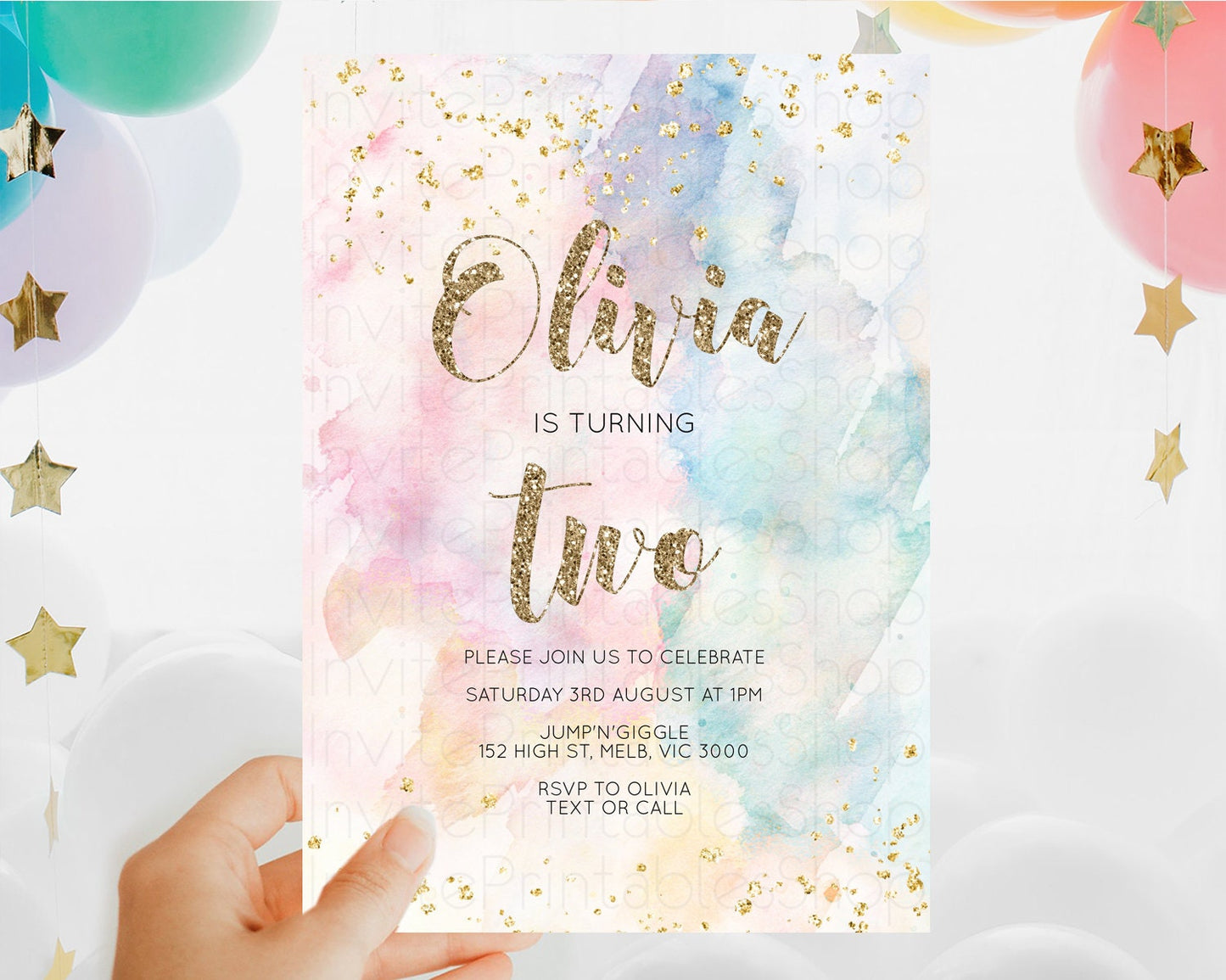 Rainbow Birthday Invitation Colorful Pastel Watercolor Invitation Gold Glitter Sprinkles Ombre Pastel 1st 2nd 3rd Birthday D10264