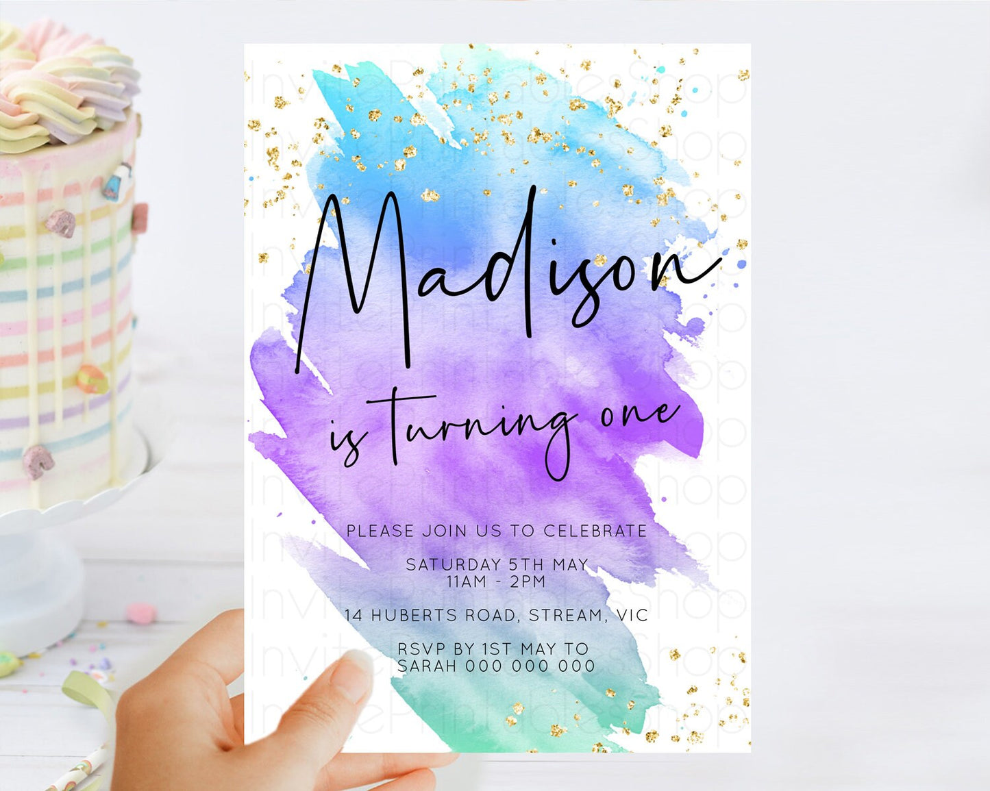 Rainbow Birthday Invitation Colorful Pastel Watercolor Invitation Gold Glitter Sprinkles Ombre Pastel 1st 2nd 3rd Birthday D10491
