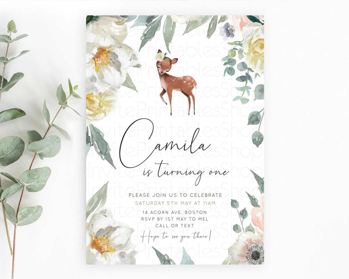 Fawn Birthday Invitation Deer Birthday Invitation Enchanted Forest Party Butterfly Pastel Flowers Whimsical 2nd 1st First Birthday D11030