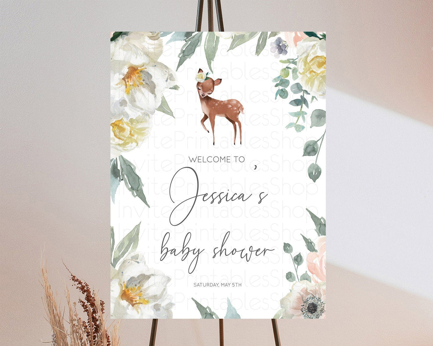 Fawn Baby Shower Welcome Sign Deer Welcome Board Floral Deer Welcome Poster Enchanted Forest Butterfly Pastel Floral Welcome Sign D11030
