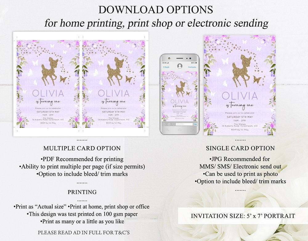 Fawn Birthday Invite Deer Birthday Invite Deer Invite Purple Fawn Party Invite Pastel Floral Invite Glitter Invite Garden Party Invite