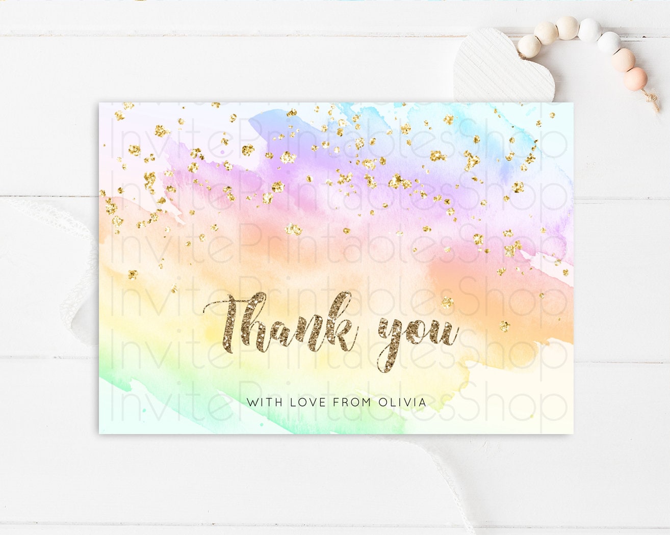 Pastel Rainbow Thank you Colorful Watercolor Gift Cards Splash Gold Glitter Card Birthday Engaged Baby Shower Wedding Folded/ Postcard g602